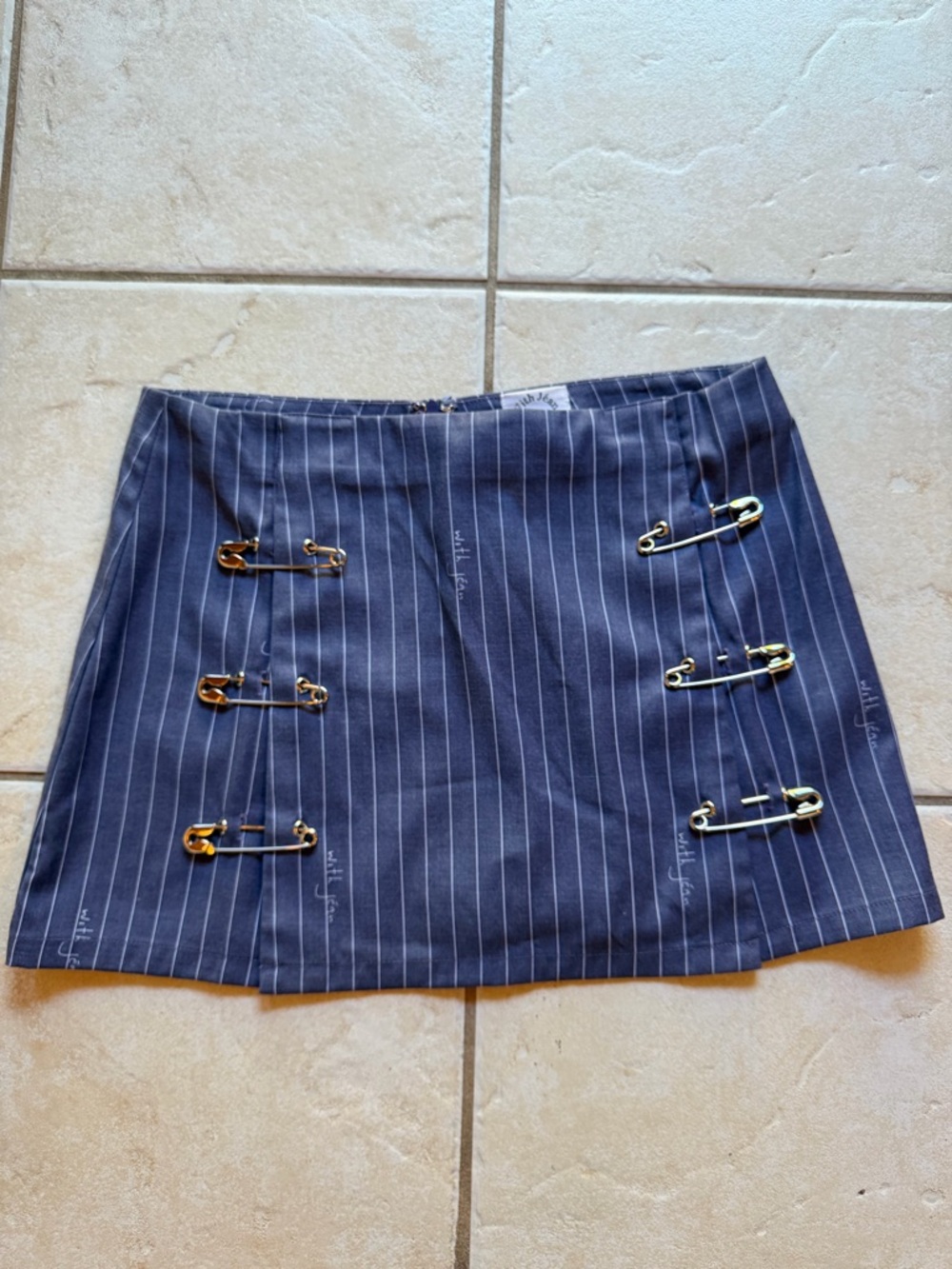 With Jean Navy Pinstripe Mini Skirt with Gold Safety Pin Accents